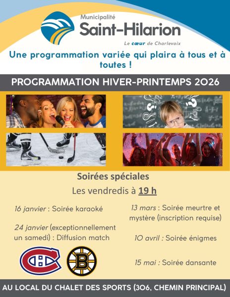 Programmation hiver-printemps 2026 : karaoké, diffusion match canadiens-bruins, meurtres et mystères, danse et énigmes