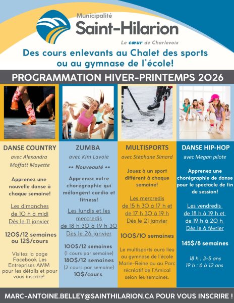 Affiche des cours offerts pendant l'hiver et le printemps 2026 à la municipalité de Saint-Hilarion